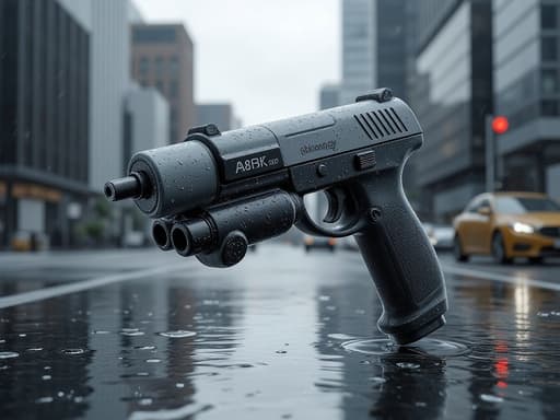 실리콘 건, 도구, 하드웨어, 홈 인프루브먼트, 흐린 날씨, 사실적인 비 반사, 확산된 조명, 젖은 도시 거리, 흐릿한 도시 건물, 물웅덩이.