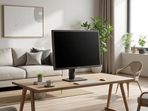 화이트 소파, 가구, 홈 데코, 거실 가구, 아늑하고 자연스럽고 현대적인 스칸디나비아 스타일 거실, 나무 책상, 중립 색상의 소파, 큰 창문, 화분 식물, 밝은 나무 바닥 및 미드 센추리 현대 의자.