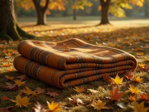피크닉 담요, 담요, 홈 텍스타일, 가정용품, 따뜻하고 아늑하며 평화로운, 가을 잎으로 덮인 공원 바닥, 떨어진 황금색 잎으로 둘러싸인, 부드러운 햇살, 이른 아침 안개.