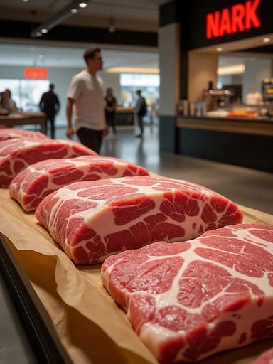 생돼지고기, 육류, 식품, 식료품, 활기차고 에너지가 넘치는 분위기, 흐릿한 인물들이 있는 분주한 쇼핑몰 배경과 정육점 카운터.