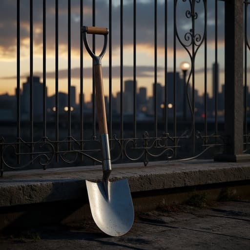 정원 삽, 도구, 정원 가꾸기, 야외 장비, 부드럽고 환경적인 도시 황혼의 분위기, 화려한 철제 울타리에 기대어 있는 황혼의 도시 스카이라인.