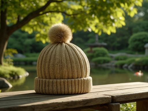 나무 벤치, 가구, 홈 데코, 좌석, 고요한 분위기, 푸르른 일본 정원과 연못.