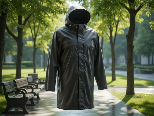 방수 비옷, 의류, 아우터웨어, 의복, 고요하고 신선하며 자연스러운, 현대 도시 공원 풍경, 깨끗한 벤치, 잘 손질된 길, 자연스러운 그늘, 나뭇잎 사이로 비치는 부드러운 햇빛.
