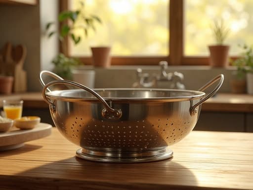 접이식 체반, 주방용품, 조리기구, 가정용품, 따뜻한 분위기, 나무 주방 조리대, 부드러운 황금빛 석양이 창문을 통해 비추고, 부드러운 그림자.