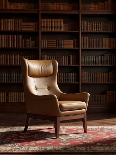 고급스러운 현대식 라운지 의자, 가구, 홈 데코, 좌석, 분위기 있는, 세련된, 클래식 도서관 배경, 풍부한 마호가니 선반, 가죽 제본된 책, 부드러운 주변 조명, 따뜻한 나무 질감, 깊은 그림자, 빈티지 페르시안 러그.