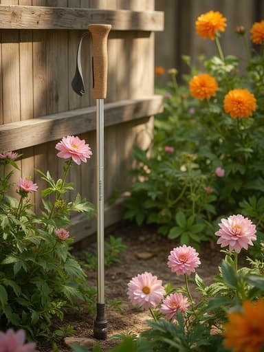 하이킹 폴, 야외 장비, 하이킹 기어, 스포츠 장비, 평화롭고 자연스러운, 목재 정원 울타리에 기대어 있는, 피어나는 생기 넘치는 봄꽃, 부드러운 초점 배경, 부드러운 햇빛.