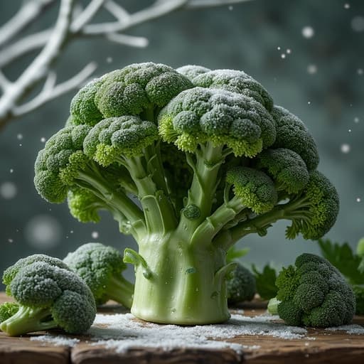 브로콜리, 채소, 농산물, 음식, 고요하고 겨울 같은, 서리로 덮인 나무 테이블, 눈으로 덮인 가지, 부드러운 눈보라, 안개 낀 분위기.