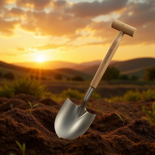 정원 삽, 도구, 원예 장비, 야외 장비, 고요하고 따뜻하며 자연스러운, 부드러운 그림자와 생생한 하늘 색깔의 황금빛 일몰 아래에서 따뜻한 빛을 발산하는.