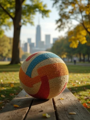 장난감 공, 장난감, 스포츠 장비, 레크리에이션 아이템, 따뜻하고 초대하는 분위기, 도시 공원에 있는 나무 벤치, 부드러운 햇살, 흩어진 낙엽, 흐릿한 도시 스카이라인.