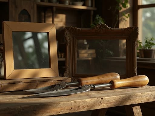 사진 프레임, 홈 데코, 가구, 홈 액세서리, 빈티지하고 향수를 불러일으키는, 고풍스러운 나무 테이블 안티크 샵에서, 오래된 나무 프레임과 철제 장식으로 둘러싸여 있습니다.
