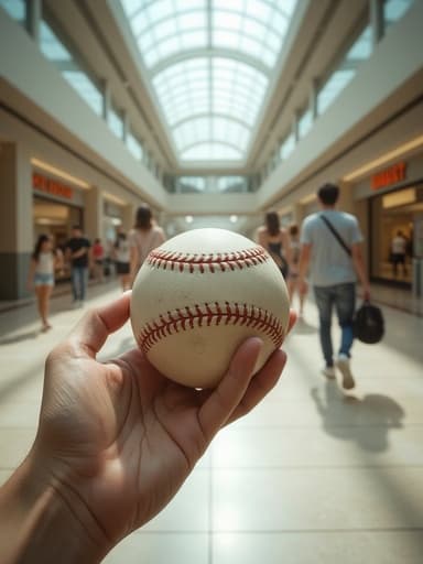야구공, 스포츠 장비, 스포츠 용품, 야외 활동, 역동적이고 분주하며 에너지가 넘치는, 자연광이 비치는 활기찬 쇼핑몰, 광택이 나는 타일 바닥, 흐릿한 쇼핑객들.