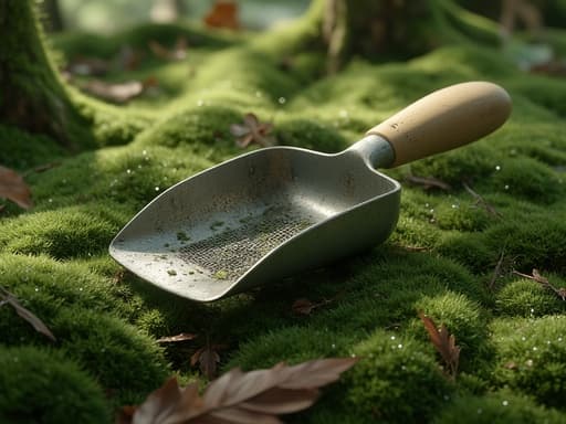 나무 숟가락, 주방 기구, 요리 도구, 가정용 및 주방, 고요하고 자연스러운 평화로운 분위기, 아침 안개가 낀 이끼로 덮인 숲 바닥, 부드럽고 확산된 자연광, 흩어진 이슬.