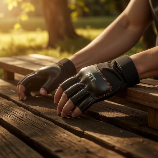 피트니스 장갑, 장갑, 피트니스 액세서리, 스포츠 장비, 고요하고 따뜻하며 편안한, 황금빛 석양이 비치는 나무 벤치.