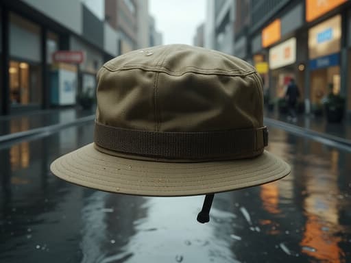 하이킹 모자, 의류, 야외 장비, 액세서리, 주변의 비 내리는 분위기, 비에 젖은 도시 거리, 반짝이는 젖은 포장, 흐릿한 도시 불빛, 흐린 하늘.