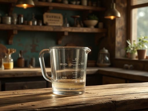 계량컵, 주방용품, 조리기구, 집 필수품, 따뜻하고 향수를 불러일으키는 빈티지, 고전적인 상점, 거친 나무 카운터, 정교한 빈티지 아이템으로 가득한 낡은 나무 선반.