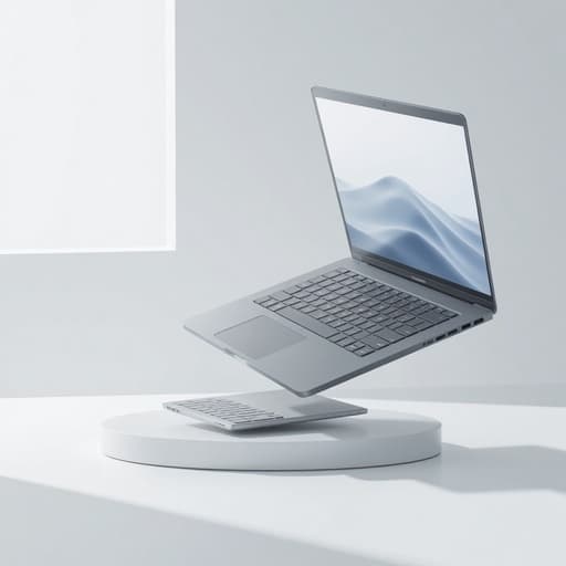 노트북, 전자 기기, 컴퓨터, 기술, 조화롭고 세련되며 현대적인, 미니멀한 흰색 방, 깔끔한 선, 정돈된 공간, 자연광과 부드러운 그림자.