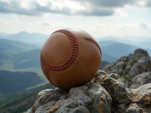야구공, 스포츠 장비, 스포츠 용품, 야외 활동, 고요하고 자연스러운, 평화로운, 구름 낀 하늘 아래 바위산 정상, 부드러운 그림자, 구름 사이로 스며드는 부드러운 햇빛.