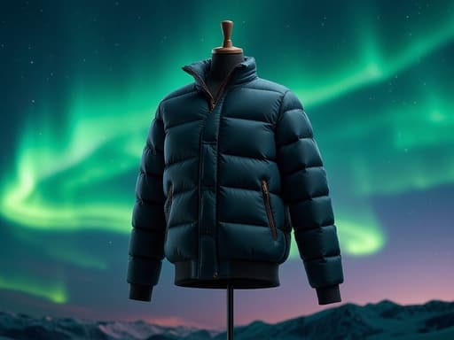 접이식 재킷, 의류, 의상, 아우터웨어, 부드러운 빛, 부드럽고 평화로운, 저녁 오로라 하늘, 녹색과 보라색의 색조, 별이 보임.