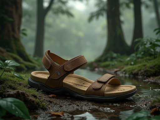 해변 샌들, 신발, 의류, 의류, 우울한 조명, 습기 있는 숲 바닥, 우뚝 솟은 나무들, 부드러운 안개, 흐린 하늘, 나뭇잎에 맺힌 물방울.