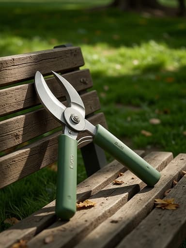 정원 가위, 도구, 원예 장비, 야외 용품, 평화롭고 도시적이며 자연적인, 도시 공원의 나무 벤치, 약간 흐릿한 녹지.