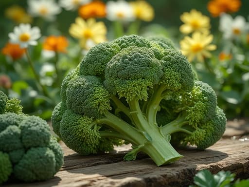 신선한 브로콜리, 채소, 농산물, 식료품, 신선하고 생기 넘치며 활기찬 봄의 따뜻함, 봄꽃이 만개한 정원, 부드럽게 초점이 맞춰진.