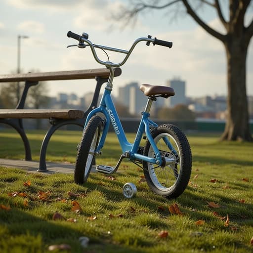어린이 자전거, 어린이 제품, 스포츠 장비, 고요하고 이른 아침의 분위기, 약간의 도시 환경, 희미한 초록 잔디 옆 도시 공원 벤치, 흐릿한 도시 경관, 흩어진 가을 낙엽, 이른 아침 햇살.