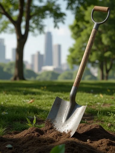 정원 삽, 도구, 정원 장비, 야외 장비, 자연스럽고 현실적이며 평온한 도시 공원에서의 점점 빛과 부드러운 그림자, 멀리 흐릿한 도시 풍경.