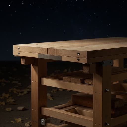 작업대, 가구, 도구, 작업 장비, 고요하고 평화롭고 사색적인, 별이 빛나는 밤하늘, 부드러운 별빛 반사, 자연의 음영.