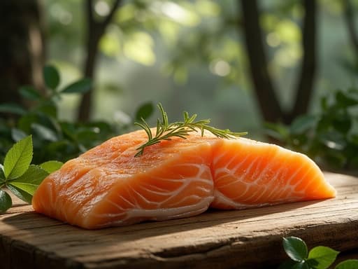 연어 필레, 해산물, 생선, 음식, 고요하고 자연적인 아침 안개가 낀 숲 배경, 나무 사이로 스며드는 부드러운 빛, 잎 위의 섬세한 이슬 방울.