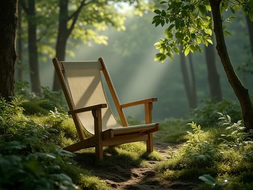 나무 해변 의자, 가구, 야외 가구, 좌석, 고요하고 신선하며 평화로운, 이른 아침 숲속, 이슬 맺힌 잎사귀, 부드럽게 퍼지는 햇빛, 울창한 잎사귀, 부드러운 그림자, 미세한 안개.
