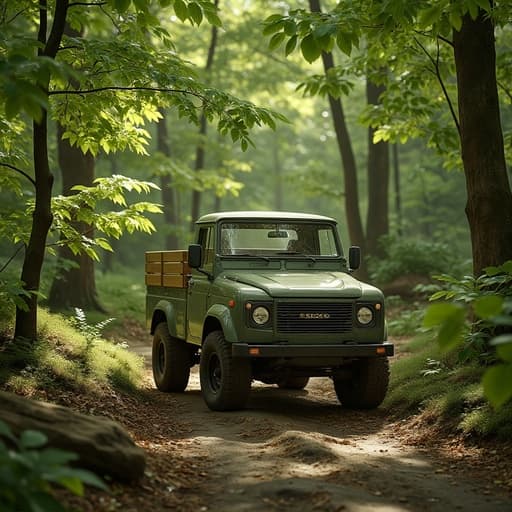 소형 트럭, 차량, 트럭, 운송, 온화하고 자연스러운, 고요한, 여름의 좁은 숲길, 푸르른 나뭇잎 아래 비치는 자연광, 마른 잎사귀.