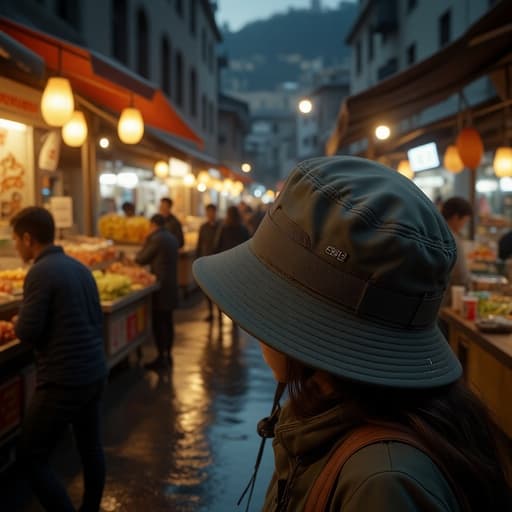 하이킹 모자, 의류, 액세서리, 야외 장비, 붐비고 분위기 있는 도시 저녁, 붐비는 야시장 거리, 따뜻한 주변 빛, 음식 노점, 지나가는 사람의 실루엣.