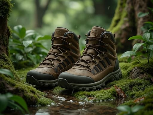 하이킹 부츠, 신발, 의류, 의류, 자연적이고 자연스러운 모험, 이끼로 덮인 숲 바닥, 울창한 녹색 잎사귀, 부드러운 비방울.