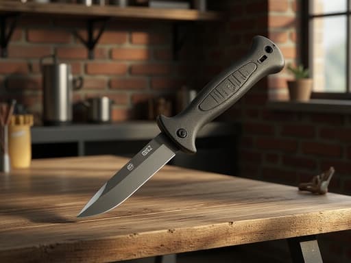 다목적 유틸리티 나이프, 주방 도구, 주방 용품, 따뜻하고 현실적인 산업적 분위기, 노출된 벽돌과 산업 금속 장식이 있는 소박한 나무 테이블이 있는 로프트 스타일 아파트.