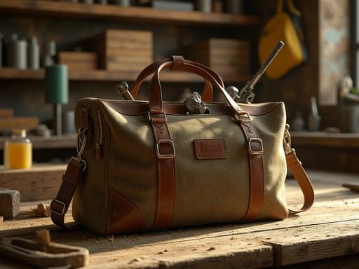 툴백, 가방, 도구, 액세서리, 따뜻하고 소박하며 근면한, 나무 작업대 표면, 따뜻한 오후 햇살, 흩어진 톱밥.