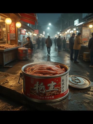캔 햄, 식품, 식료품, 저장식품, 분위기 있는, 활기차고 붐비는, 밤 시장의 보도에 있는 가판대, 랜턴, 노점상 부스, 붐비는 군중, 젖은 콘크리트 바닥.