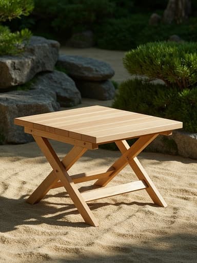 접이식 나무 테이블, 가구, 홈 데코, 가정용품, 고요하고 평화롭고 자연적인, 전통 일본 돌 정원에 놓인 모래 패턴과 질감 있는 돌, 이끼, 잎사귀.