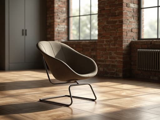 캠핑 의자, 의자, 가구, 야외 장비, 도시적이고 편안하며 세련되고 자연스러운, 노출된 벽돌 벽이 있는 로프트 스타일의 아파트 거실, 마루 나무 바닥, 큰 산업용 창문.