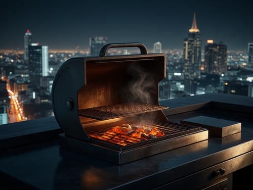 야외 그릴, 야외 장비, 요리 기구, 분주한 도시 느낌, 현대적인 옥상과 밤의 도시 스카이라인, 흐릿한 도시의 불빛.