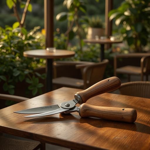 칼, 도구, 주방, 가정용품, 세련되고 고요하며 우아한, 고급 레스토랑 테라스, 윤이 나는 나무 테이블, 부드럽고 따뜻한 저녁 빛, 흐릿한 테이블들, 초록 식물.