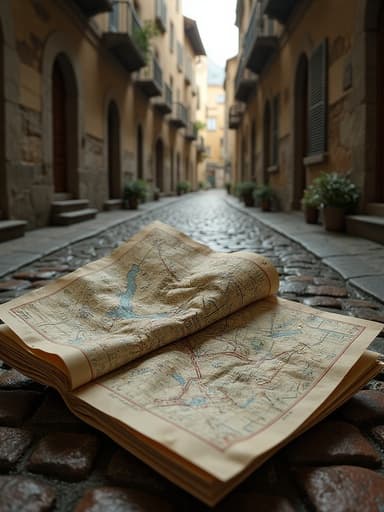 하이킹 지도, 지도, 야외 장비, 여행 액세서리, 시원하고 황량한 분위기, 구불구불한 거리, 낡은 벽돌, 역사적인 골목길, 좁은 도시 경로, 부드러운 아침 햇살.