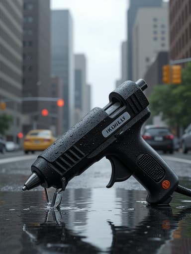 스프레이 건, 도구, 하드웨어, 주택 개조, 사실적이고 도시적인 비 오는 날씨, 흐린 하늘, 반사된 물웅덩이, 비 오는 도시 거리, 흐릿한 고층 건물 배경.