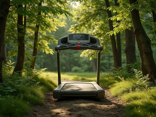 트레드밀, 피트니스 장비, 운동 장비, 스포츠 장비, 평화롭고 자연스러운, 나뭇잎 사이로 비치는 햇빛이 있는 여름 숲길.