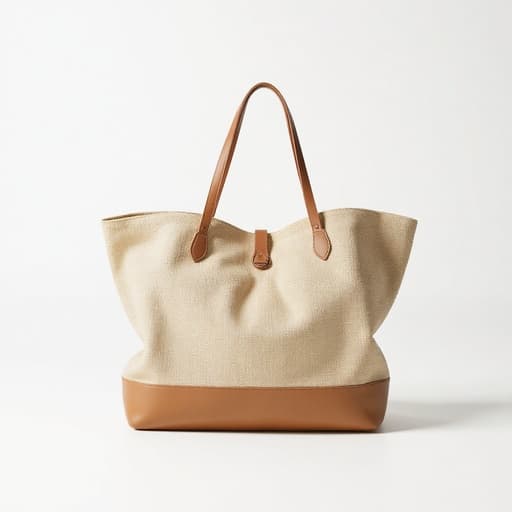 비치 백, 토트 백, 가방, 액세서리, 깔끔하고 세련된 미니멀 화이트 스튜디오 배경에서 단순함과 세련미를 강조합니다.