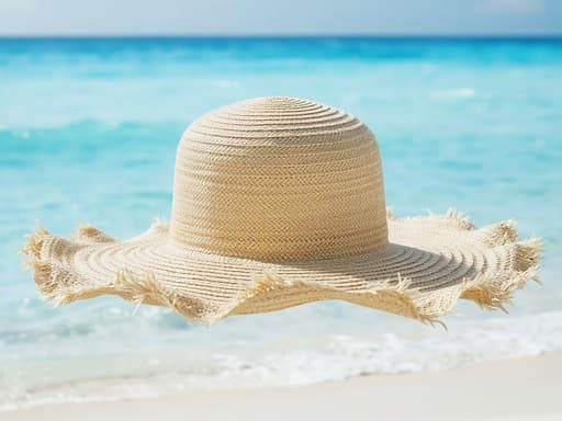 여름 해변 모자, 모자, 액세서리, 패션, 온화하고 편안한 여름, 잔잔한 여름 바다, 부드러운 파도, 맑고 푸른 물, 하얀 모래 해변.