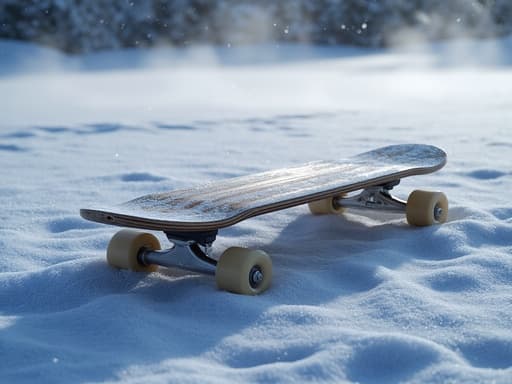 스케이트보드, 스포츠 장비, 야외 활동, 레크리에이션 아이템, 상쾌한 겨울, 고요하고 평화로운, 눈 덮인 포장도로, 떨어지는 눈송이, 흐린 하늘, 미세한 안개.