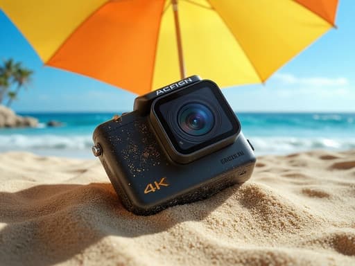 액션 카메라, 전자제품, 카메라, 액션 카메라, 캐주얼하고 편안하며 즐거운 여름날, 다채로운 해변 우산 아래의 모래 해변, 여름 설정.
