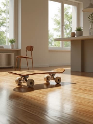 스케이트보드, 스포츠 장비, 야외 레크리에이션, 여가 활동, 차분하고 통풍이 잘 되는, 미니멀한 가구가 있는 스칸디나비아 스타일의 집, 자연광.