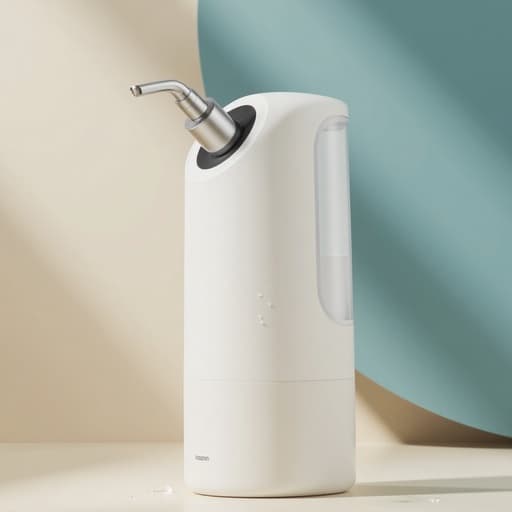 폼 디스펜서, 비누 디스펜서, 욕실 액세서리, 홈 필수품, 현대적이고 깔끔하며 세련된, 부드러운 그라데이션의 추상적인 색상 배경.