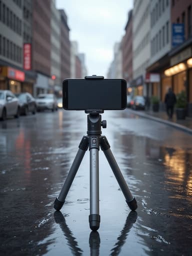 스마트폰 삼각대, 카메라 액세서리, 사진 장비, 전자 기기, 온화하고 도시적이며 약간 드라마틱한, 젖은 도시 거리, 주변 도시 조명, 비 오는 날, 약간 흐린 하늘.